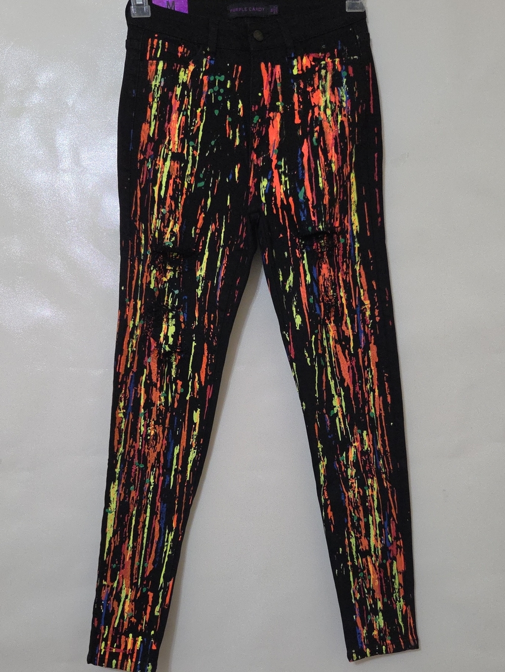 Purple Candy Women's Black Neon Paint Splash Stretch Skinny Jeans - Size Med